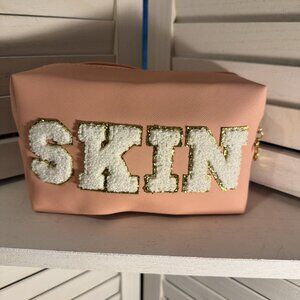 Pink “SKIN” Cosmetic Pouch – Gold Glitter Letters, 9.5x5 Travel Organizer